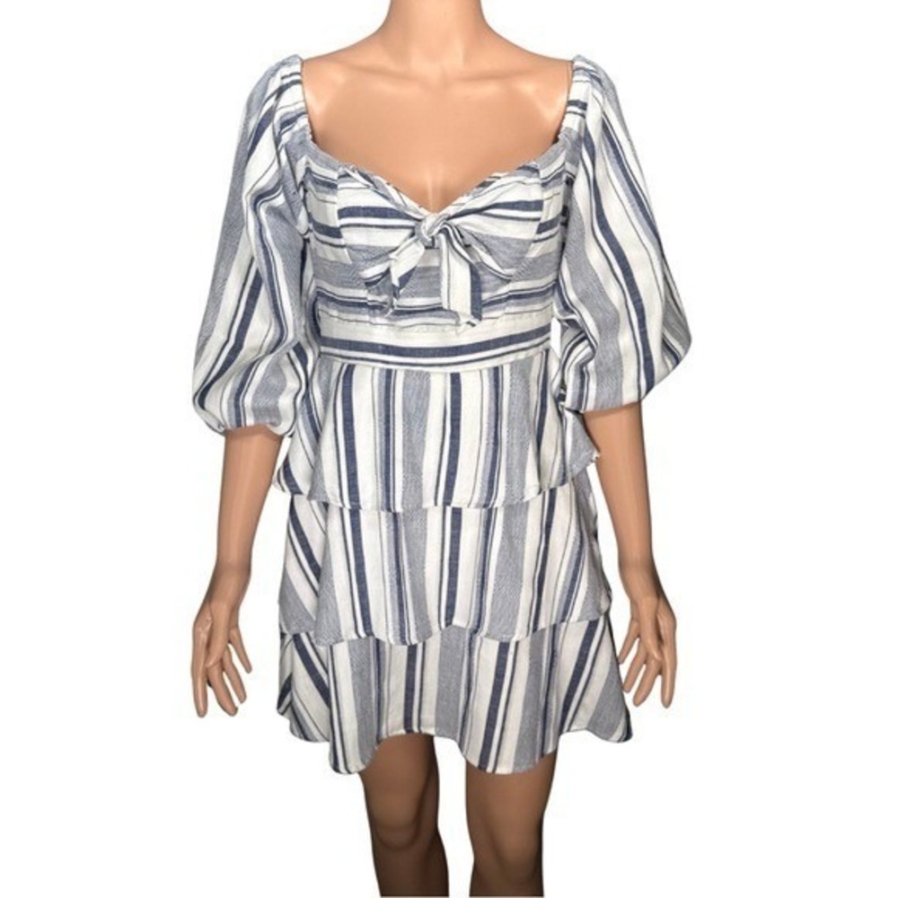 Parker NYC Blue White Striped Tiered Mini Dress Off Shoulder NWT P8A5199CYD
